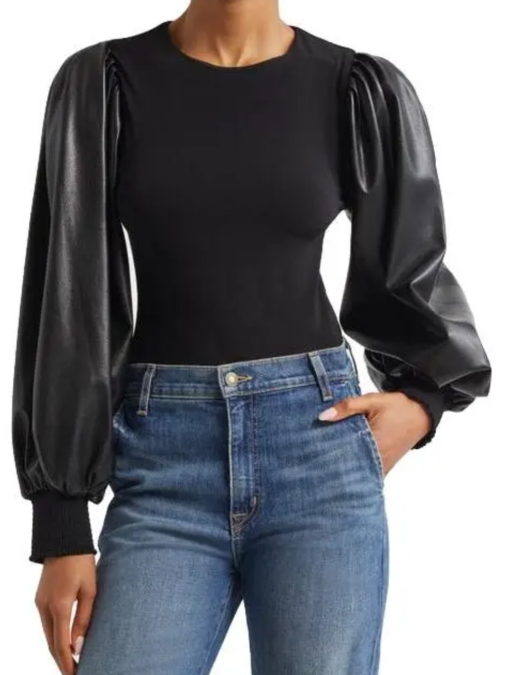 Alice & Olivia - Latoria Crewneck Top with Vegan Leather Sleeves - Size S